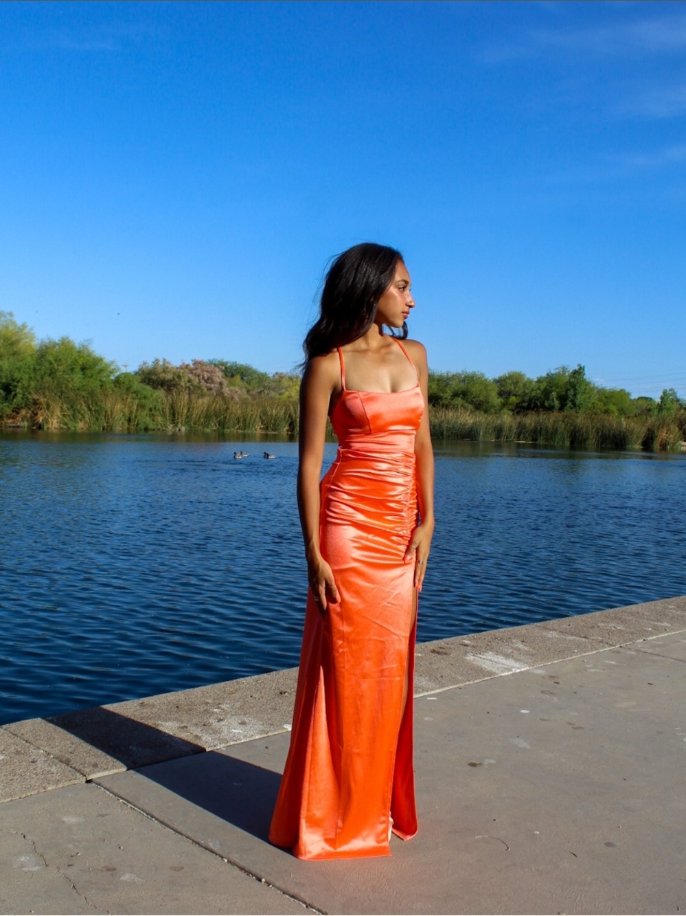 Windsor Satin Spaghetti-Strap Orange Maxi Dress